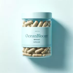 DALL·E 2024-01-14 15.51.41 - Create an image of OceanBloom Seamoss capsules with a light blue theme, displayed in a transparent plastic container. The capsules should have a natur