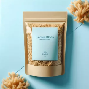 DALL·E 2024-01-14 15.51.44 - Create an image of raw, tan-colored seamoss by OceanBloom, packaged in eco-friendly bags with a light blue theme. The seamoss should be clearly visibl
