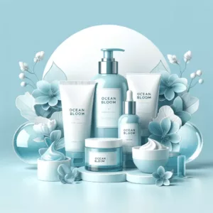 DALL·E 2024-01-14 15.51.46 - Create an image of OceanBloom skincare products with a light blue theme. The products should be displayed elegantly, possibly in a clean and modern pa